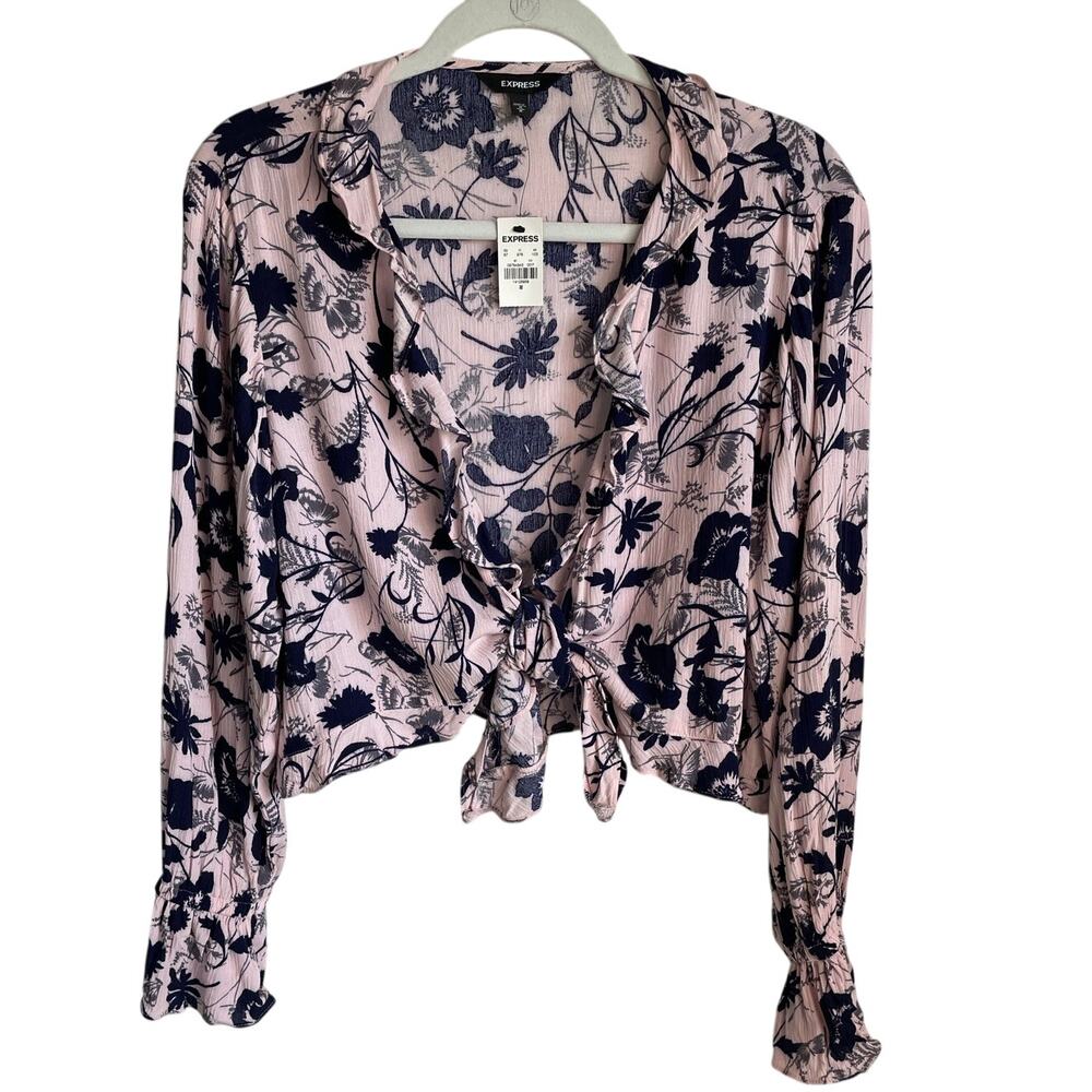 NEW Express Tie Front Crop Shrug Top Sz M Floral Pink Blue Ruffled Balletcore